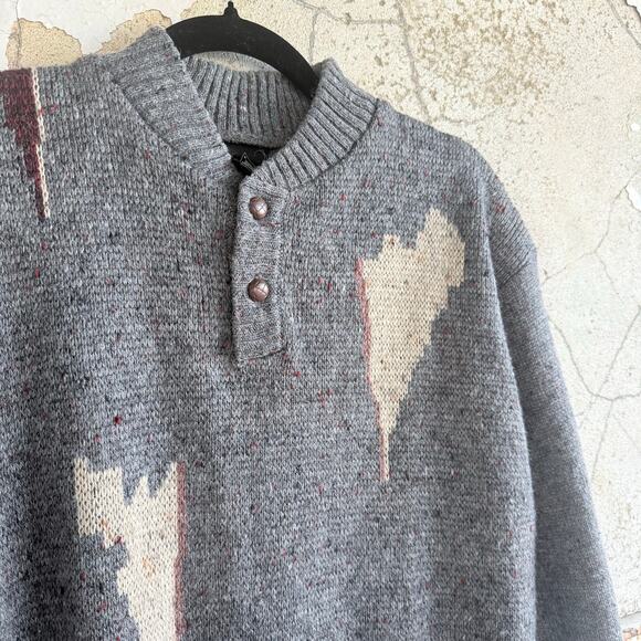 Vtg 80s Sweater Wool Blend Henley Pullover Gray Abstract Grandpacore Academia L - Picture 2 of 7